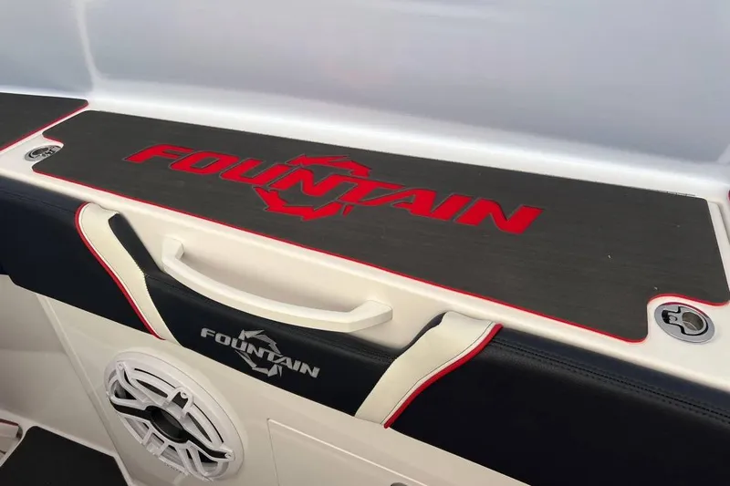  Yacht Photos Pics 2025 Fountain 38 SCX boat interior with logo and speaker detail.