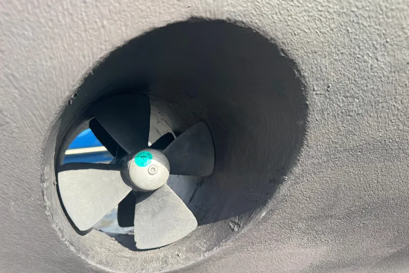 Buena Vida Yacht Photos Pics Bow thruster of a 2000 Island Packet 380 sailboat, close-up view.