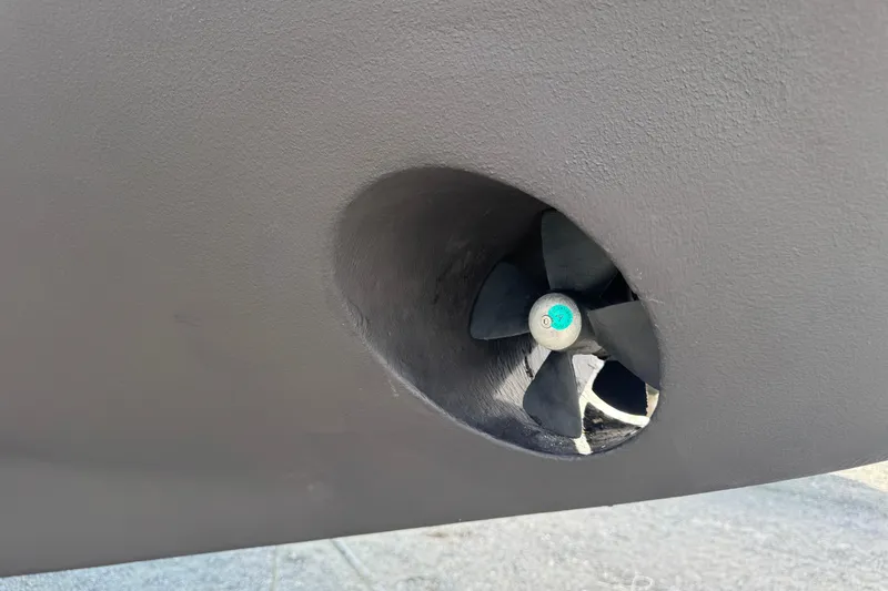 Buena Vida Yacht Photos Pics Bow thruster of a 2000 Island Packet 380 sailboat, close-up view.