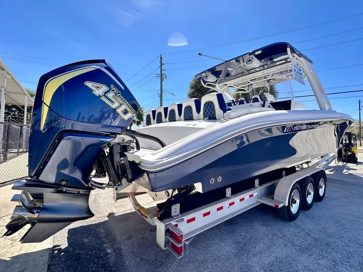  Yacht Photos Pics 2022 Midnight Express 37 Open boat on trailer, featuring powerful 450 engine.