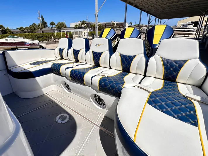  Yacht Photos Pics 2022 Midnight Express 37 Open boat with stylish blue and yellow seating.