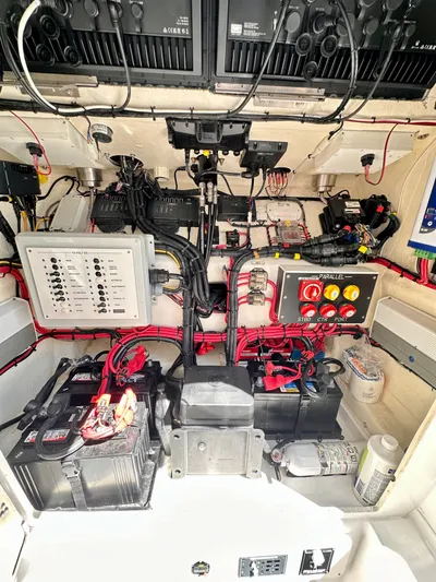  Yacht Photos Pics Electrical system of a 2022 Midnight Express 37 Open boat, showcasing wiring and components.