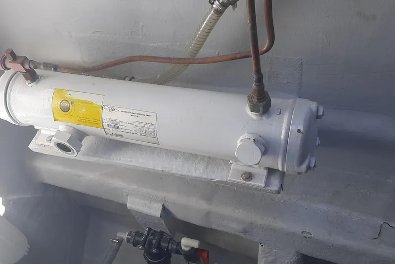  Yacht Photos Pics Marine equipment component from Squalt Marine CK 80, 2025 model, featuring pipes and labels.