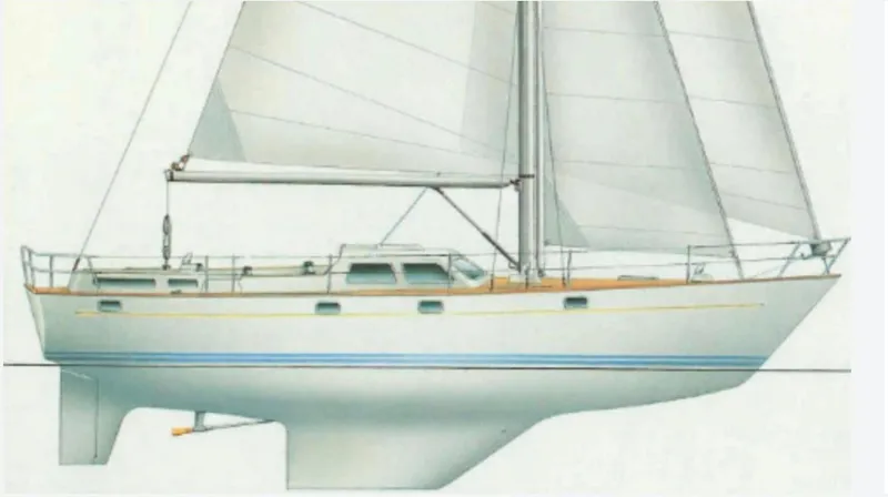 Here Be Dragons Yacht Photos Pics Illustration of a 1987 Oyster 46.5 sailboat with sails unfurled.