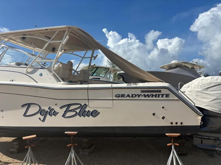  Yacht Photos Pics Grady-White Express 330 boat, 2023, on stands, blue sky.