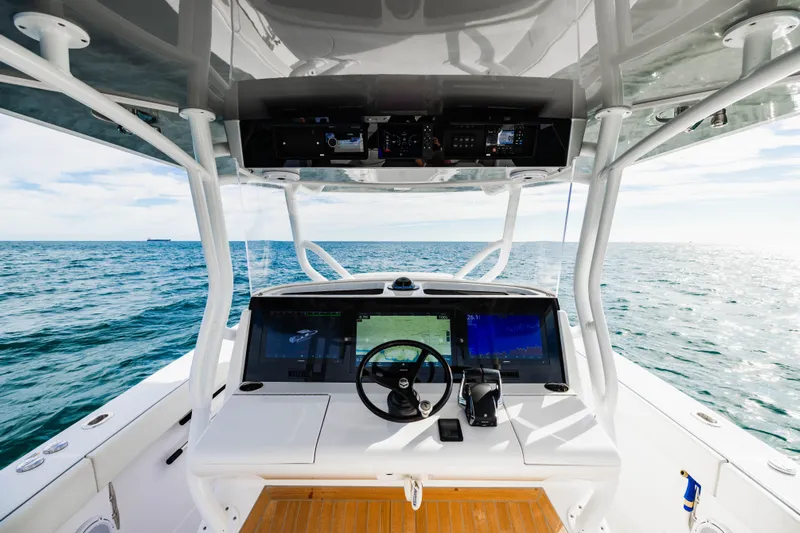  Yacht Photos Pics Jupiter 40 boat cockpit with modern electronics, 2023 model.