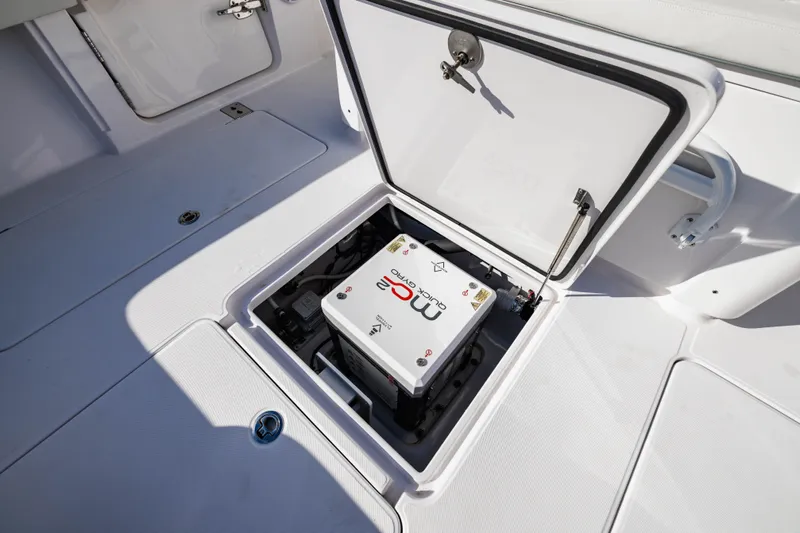  Yacht Photos Pics Jupiter 40 boat 2023 with open engine compartment hatch.