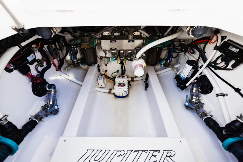  Yacht Photos Pics Engine compartment of 2023 Jupiter 40 boat with complex wiring.