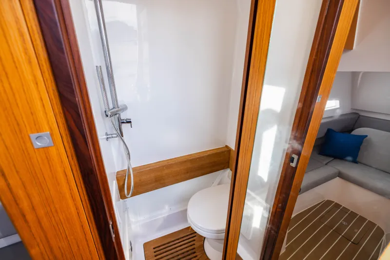  Yacht Photos Pics Jupiter 40 yacht bathroom with shower and toilet, 2023 model.