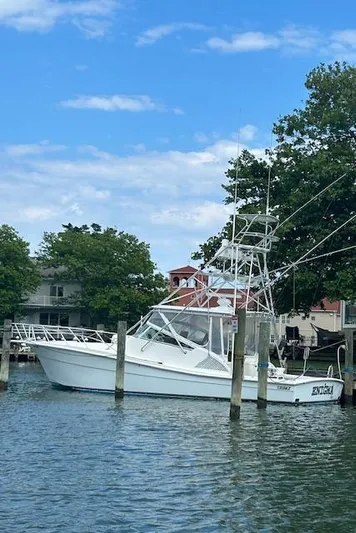  Yacht Photos Pics 2006 Topaz 40 Express boat docked in a serene marina.