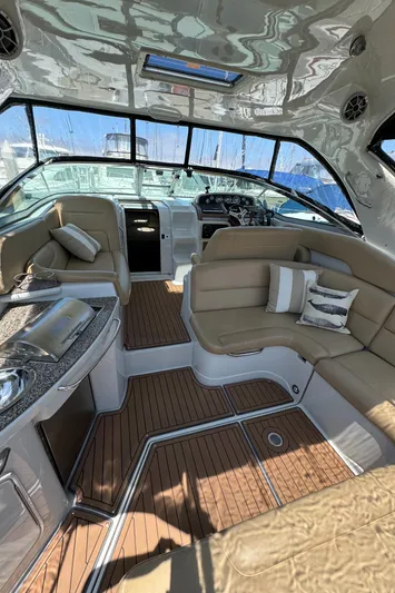  Yacht Photos Pics Luxurious 2018 Crownline 350 SY yacht interior with plush seating and modern amenities.