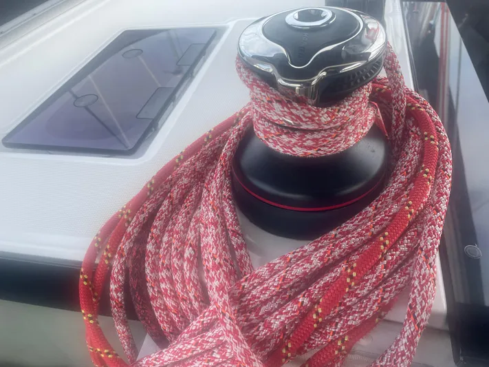 Danmark Yacht Photos Pics Winch with red rope on 2019 Beneteau Oceanis 41.1 sailboat deck.