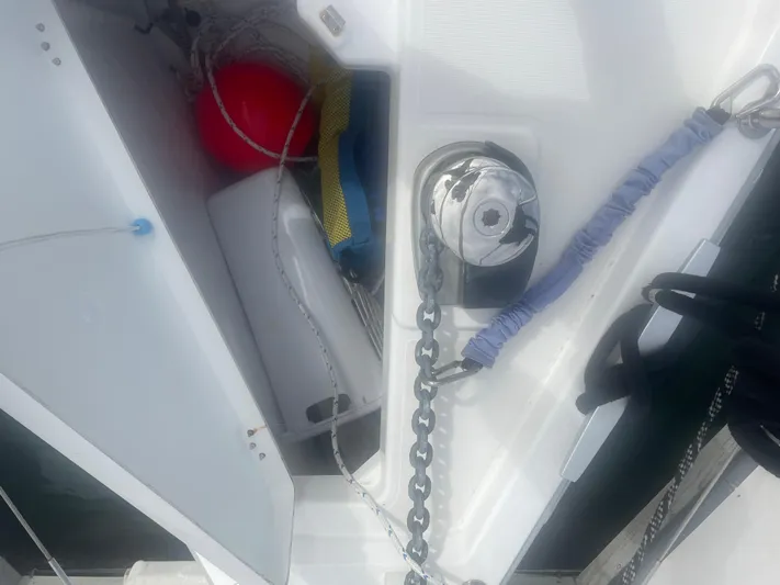 Danmark Yacht Photos Pics Anchor chain and storage compartment on a 2019 Beneteau Oceanis 41.1 sailboat.