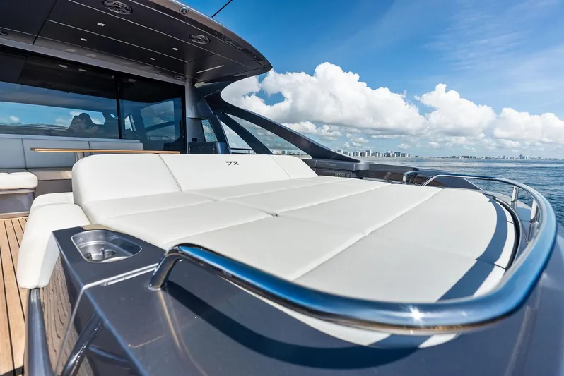 Barnext Yacht Photos Pics Luxury 2025 Pershing 7X yacht with sleek design and spacious sunbathing area.