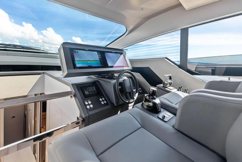 Barnext Yacht Photos Pics Helm of 2025 Pershing 7X yacht with modern controls and panoramic view.
