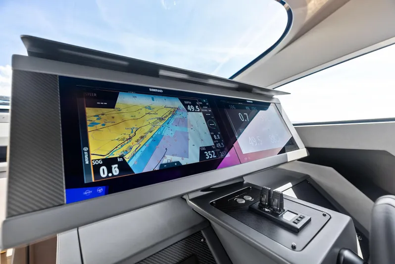 Barnext Yacht Photos Pics 2025 Pershing 7X yacht dashboard with advanced navigation display and controls.