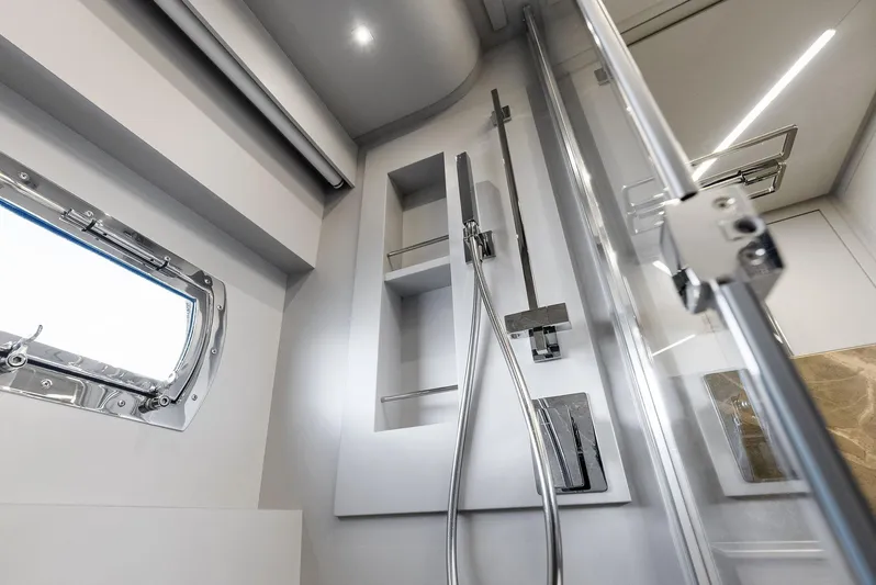 Barnext Yacht Photos Pics Luxurious bathroom interior of 2025 Pershing 7X yacht with modern shower design.