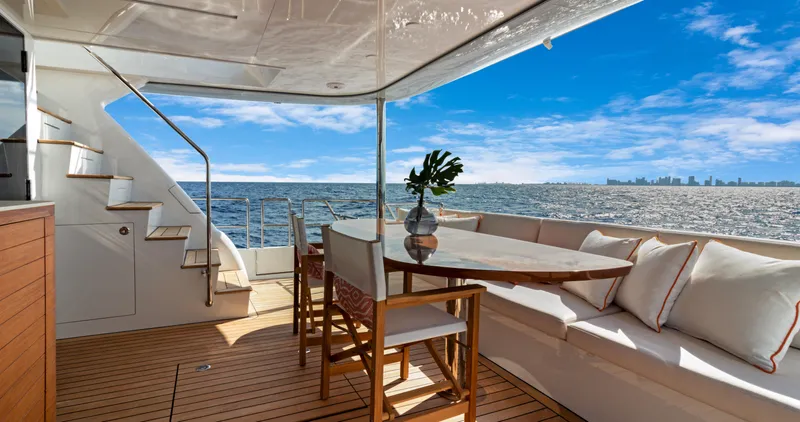 Clb65 Yacht Photos Pics 2024 CL Yachts CLB65 yacht deck with seating, table, and ocean view.