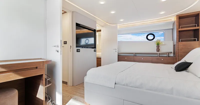Clb65 Yacht Photos Pics Luxurious bedroom interior of 2024 CL Yachts CLB65 with modern design and elegant furnishings.