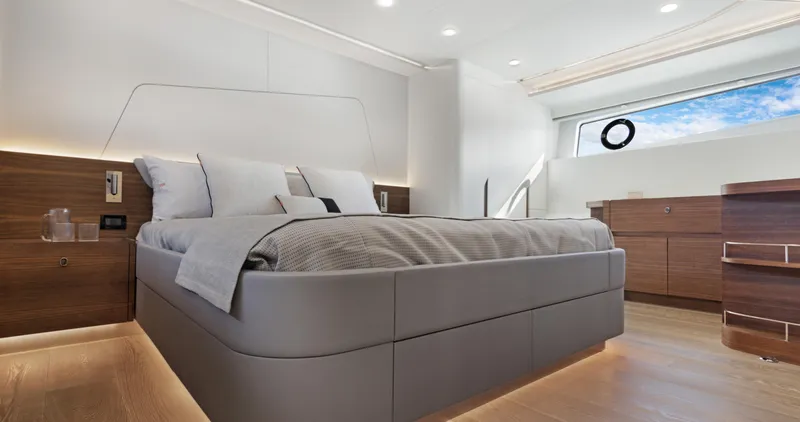 Clb65 Yacht Photos Pics Luxurious bedroom interior of 2024 CL Yachts CLB65 with modern design and elegant furnishings.