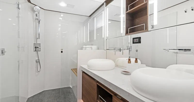 Clb65 Yacht Photos Pics Luxurious bathroom in 2024 CL Yachts CLB65, featuring modern fixtures and elegant design.