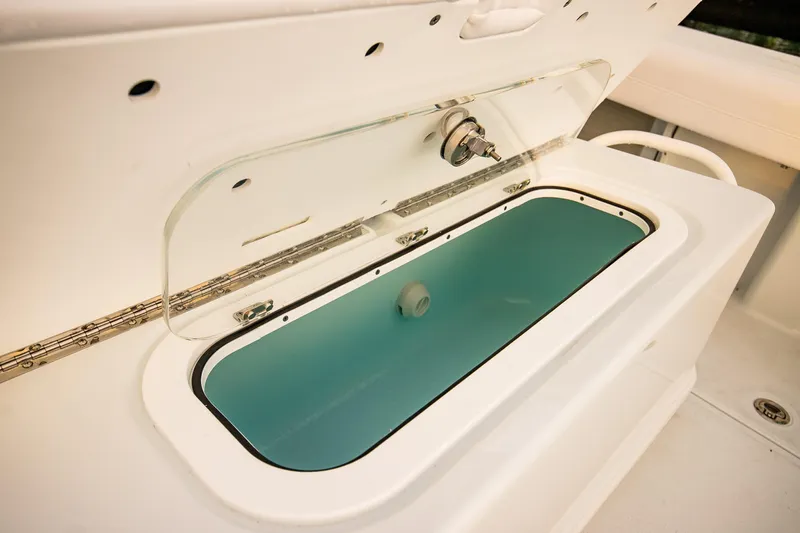 New Stock Yacht Photos Pics Livewell on 2026 Yellowfin 36 Offshore boat, open lid, white interior.