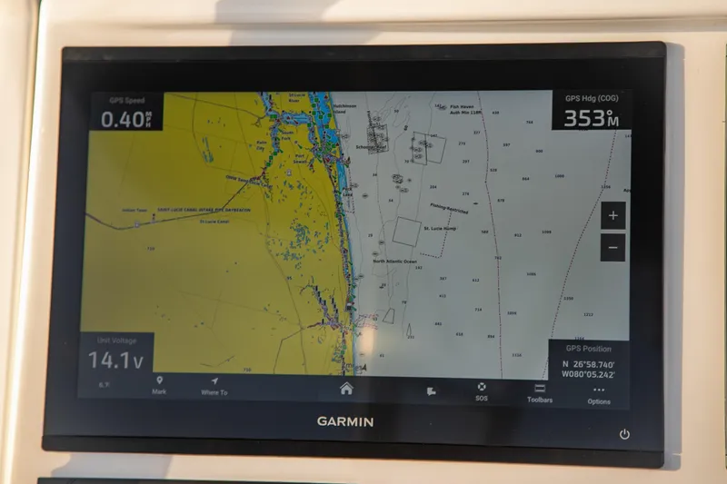 New Stock Yacht Photos Pics Garmin GPS display on 2026 Yellowfin 36 Offshore boat, showing navigation map.