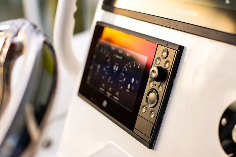 New Stock Yacht Photos Pics Close-up of 2026 Yellowfin 36 Offshore boat's Garmin navigation system.
