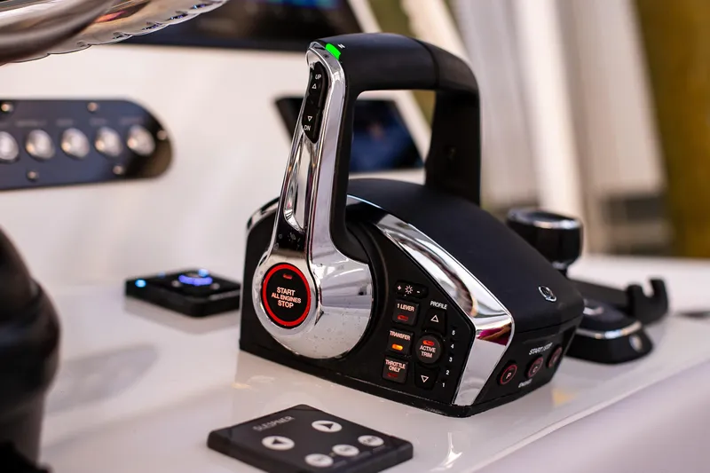 New Stock Yacht Photos Pics Control panel of 2026 Yellowfin 36 Offshore boat, featuring advanced throttle system.