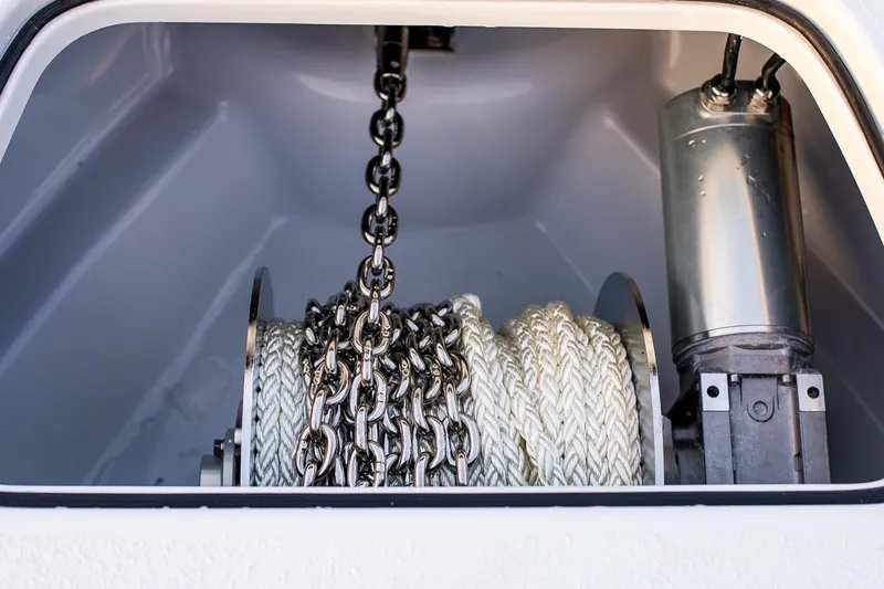 New Stock Yacht Photos Pics Anchor chain and rope storage on 2026 Yellowfin 36 Offshore boat.