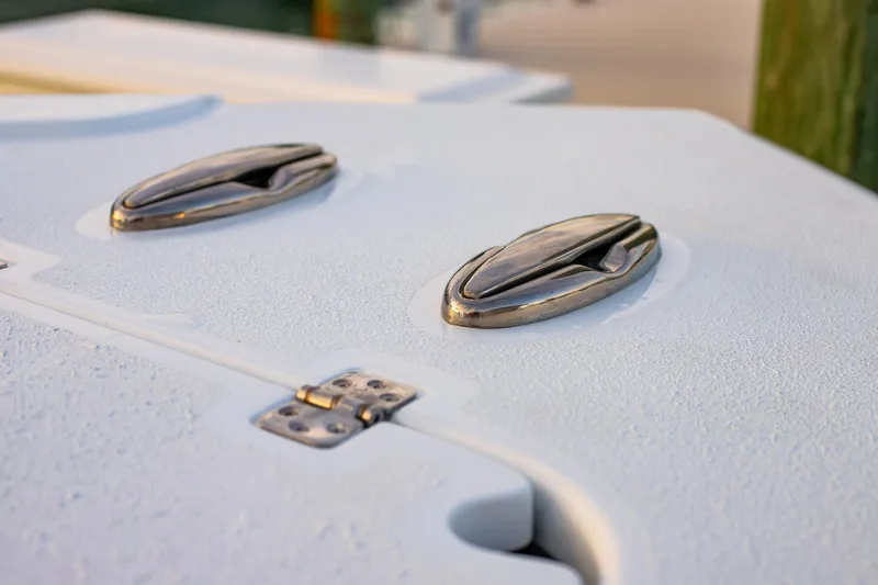 New Stock Yacht Photos Pics Stainless steel latches on 2026 Yellowfin 36 Offshore boat deck.