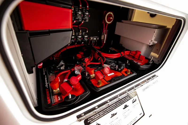 New Stock Yacht Photos Pics Electrical system of 2026 Yellowfin 36 Offshore boat, featuring batteries and wiring.