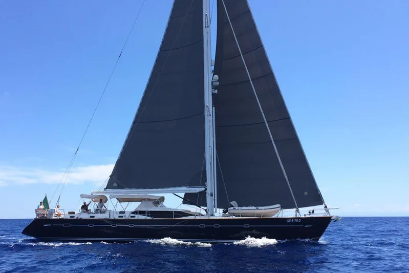 Cygnus Of Anglesey Yacht Photos Pics Sailing yacht Oyster 825 from 2004 on open sea under clear blue sky.