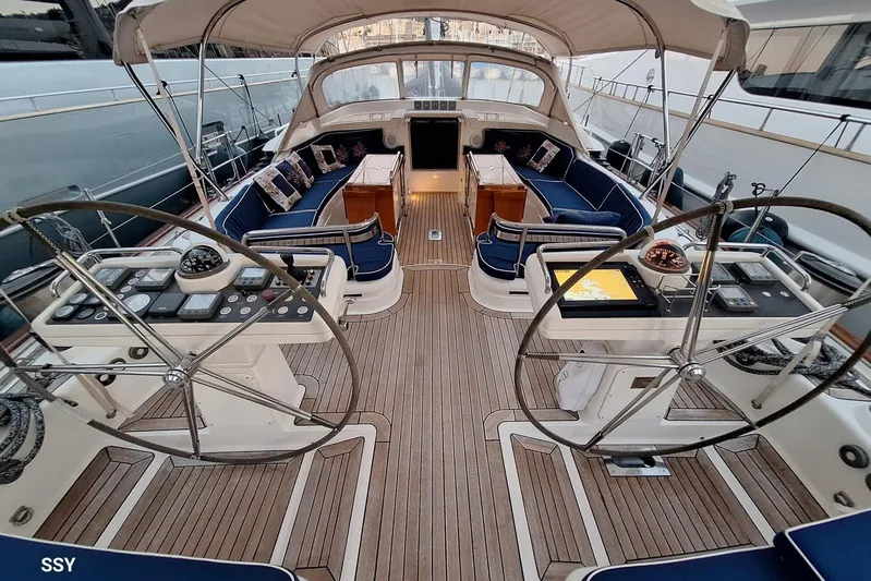 Cygnus Of Anglesey Yacht Photos Pics Luxurious 2004 Oyster 825 yacht cockpit with dual steering wheels and elegant seating.