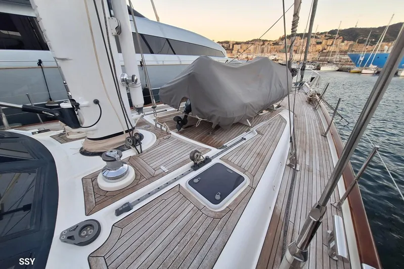 Cygnus Of Anglesey Yacht Photos Pics Deck view of a 2004 Oyster 825 yacht in a marina setting.
