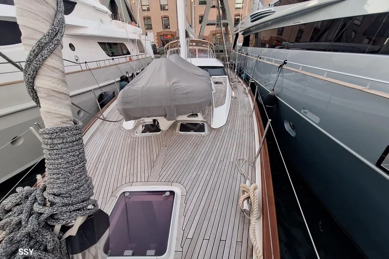 Cygnus Of Anglesey Yacht Photos Pics Luxurious 2004 Oyster 825 yacht docked, showcasing sleek deck design and modern features.