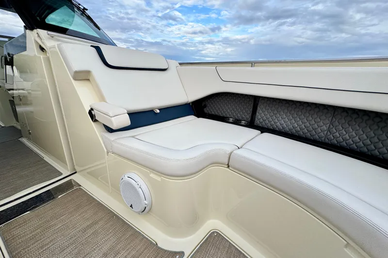  Yacht Photos Pics Luxurious seating on 2021 Chris-Craft Calypso 35 boat with elegant upholstery.