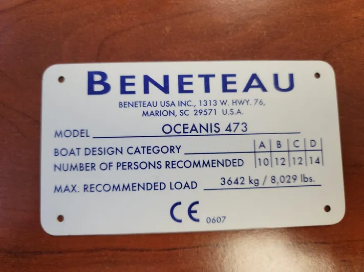 Picaro Yacht Photos Pics Beneteau Oceanis 473 label, 2005 model, max load 3642 kg, design categories A-D.