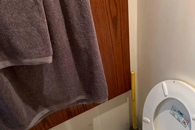  Yacht Photos Pics 1999 Bayliner 5788 Pilot House Motoryacht bathroom with towel and toilet seat.