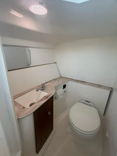  Yacht Photos Pics 2020 Pursuit DC 266 Dual Console boat bathroom with sink, toilet, and mirror.