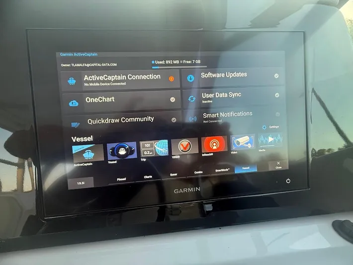  Yacht Photos Pics Garmin marine display on 2020 Pursuit DC 266 Dual Console showing navigation and connectivity options.