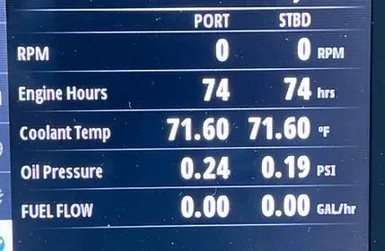  Yacht Photos Pics Display panel of 2023 Aquila 36 Sport showing engine metrics and performance data.