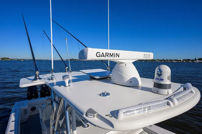 Barefoot In Public Yacht Photos Pics 2023 SeaVee 370Z boat with Garmin and FLIR equipment on open water.