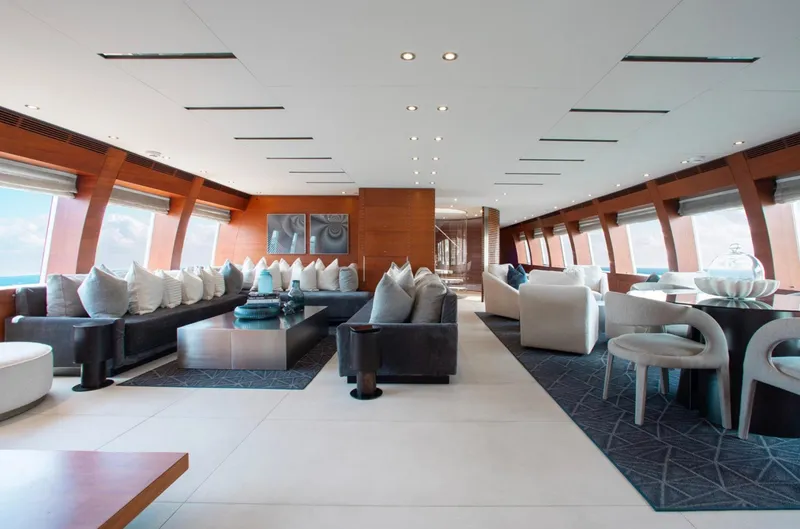 Matrix Yacht Photos Pics Luxurious interior of 1999 Baglietto 41M yacht with modern seating and elegant decor.