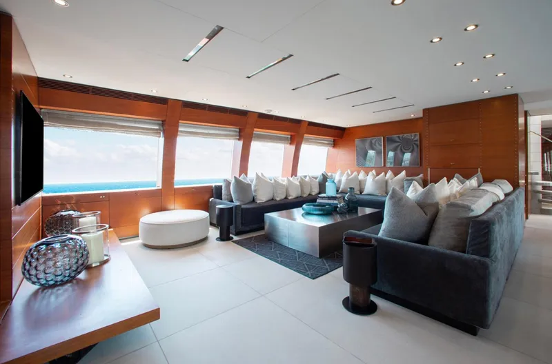 Matrix Yacht Photos Pics Luxurious interior of 1999 Baglietto 41M yacht with modern seating and ocean view.