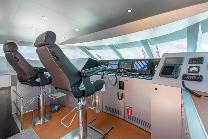 Matrix Yacht Photos Pics Bridge of 1999 Baglietto 41M yacht with modern control panels and seating.