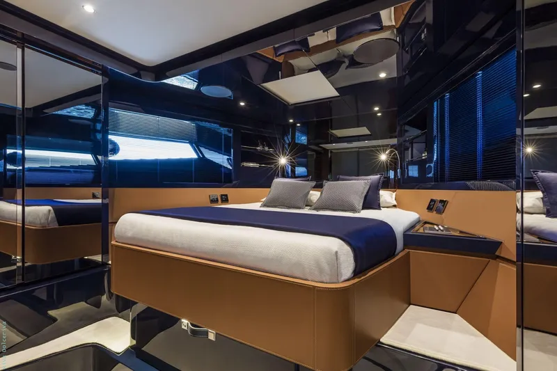  Yacht Photos Pics Luxurious interior of 2021 Riva Dolceriva yacht with modern bedroom design.