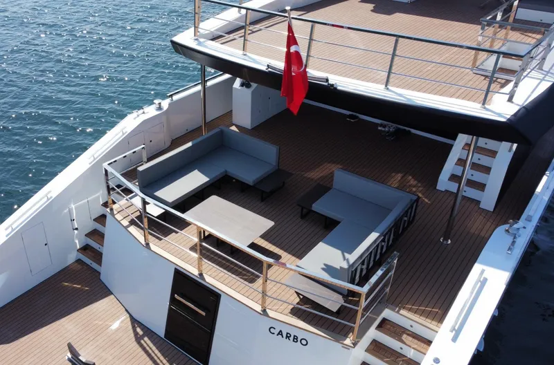  Yacht Photos Pics Luxurious 2023 Carboyacht 90 with spacious deck and seating area, featuring a Turkish flag.
