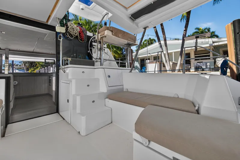  Yacht Photos Pics Leopard 45 catamaran interior, 2019 model, featuring spacious seating and modern design.