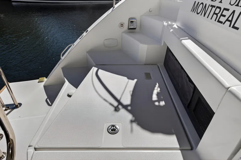  Yacht Photos Pics Sleek deck of 2019 Leopard 45 yacht with Montreal signage.